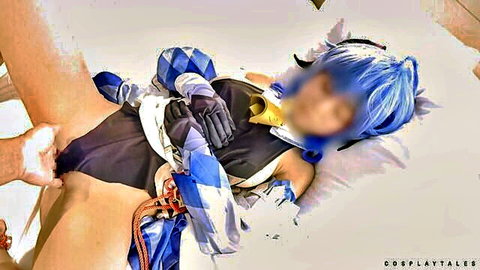 Blue-haired cosplay babe spreads shaved pussy wide with gloved hand in diamond leotard