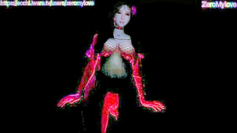 Busty Asian woman in sheer mesh lingerie and red gloves posing seductively