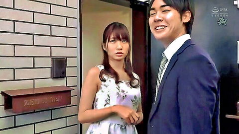 Japanese couple smiling intimately at door, girlfriend Mitsuha in floral dress, JAV romance scene