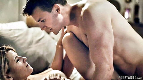 Kit Mercer nude with muscular man in intimate bedroom help scene