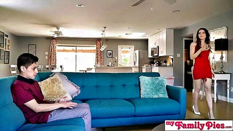 Kylie Quinn in red dress teases stepbro on couch in family taboo scene