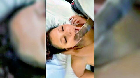 Ebony babe deepthroats massive BBC cock in amateur bedroom blowjob
