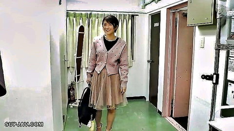 Cute Japanese schoolgirl Yuri Asada in pink cardigan and beige skirt