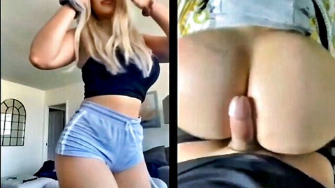 Blonde babe in shorts teases before anal doggy style penetration PMV