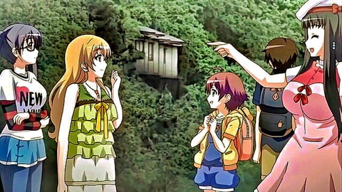 Anime girls with big boobs in forest, pointing at cabin, hentai style