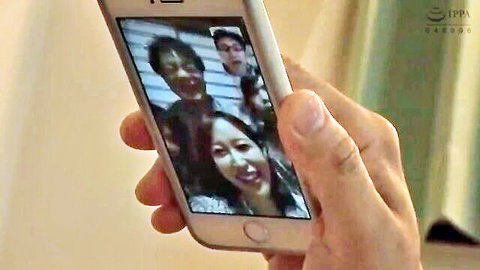 Japanese wife smiling on video call with two Asian men before gangbang