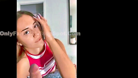 Blonde teen lifts red striped crop top exposing perky bare tits in mirror selfie