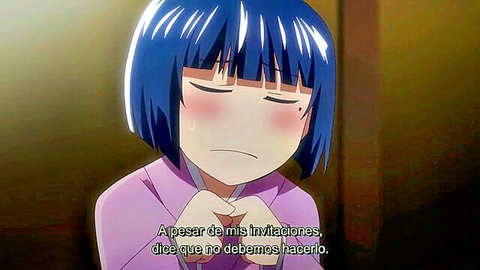 Blushing blue-haired hentai schoolgirl with submissive expression in uniform begs for cock despite warnings