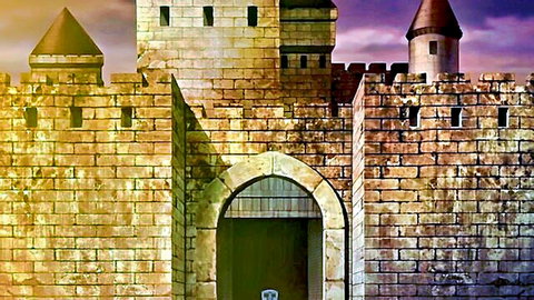 Fantasy medieval castle gate with stone towers and white chair in dramatic purple sunset sky