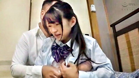 Japanese stepdaughter in school uniform groped by stepfather