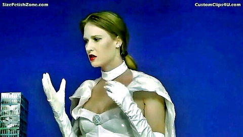 Giant Emma Frost in shiny white latex dress and gloves, giantess pose
