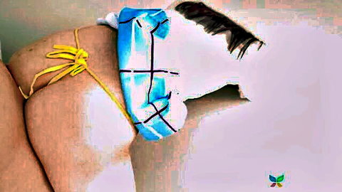 Mio Ito's big Asian ass exposed in yellow thong and blue plaid skirt from behind