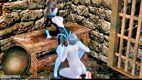 3D hentai babe in blue latex with huge tits spreads pussy for gray alien hunk to lick in dungeon