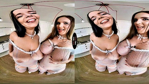 Two busty brunettes in sheer lingerie teasing with tongues out in VR POV