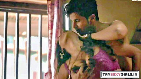 Desi couple in intense hair-pulling doggy style pose, woman in pink crop top