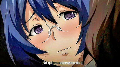 Close-up of emotional blue-haired anime girl with glasses from Meikoku Gakuen hentai, flushed cheeks
