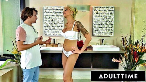 Pregnant blonde MILF with huge tits in white lace lingerie flirts with masseuse in bathroom