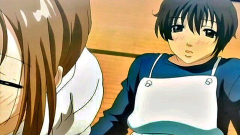 Anime hentai scene with flushed Shin-chan parody characters in aprons
