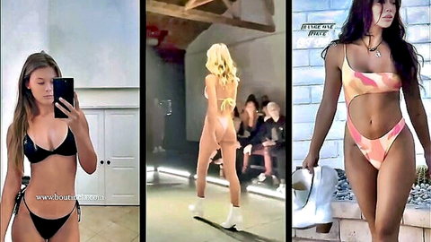 Three sexy bikini models posing: brunette in black, blonde runway walk, colorful swimsuit outdoor