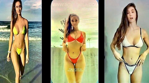 Three hot women in colorful bikinis posing seductively on beach and balcony