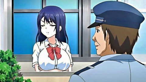 Busty anime schoolgirl with purple hair in uniform at police window