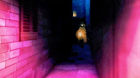 Ecchi anime scene from Harem in the Labyrinth: cloaked figure in shadowy alley