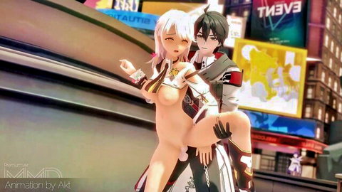 Honkai Impact anime girl with white hair carried naked in public by black-haired guy