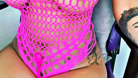 RylHoneyy in sheer pink fishnet lingerie teasing with pink vibrator