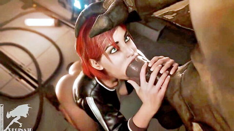 Femshep cosplay redhead in leather jacket giving blowjob to dildo