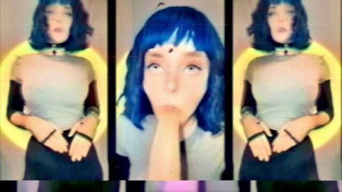 Blue-haired baddie teases big tits in seductive crop top poses