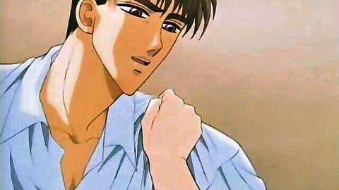 Handsome anime twink with open blue shirt exposing smooth bare chest seductively gazes aside