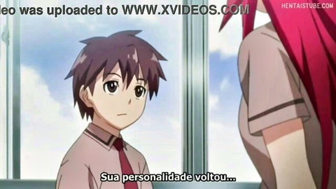 Anime vampire seductress with red hair leans in on surprised schoolboy