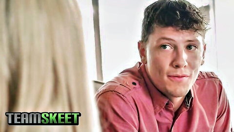 Blonde student on all fours performing oral on handsome guy in pink shirt
