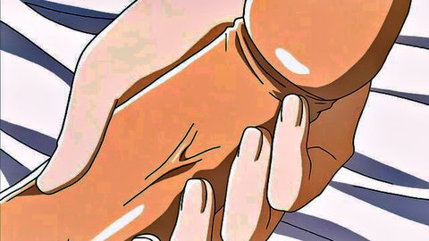 Hentai girl's soft hand gripping thick veiny orange cock tightly