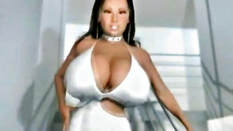 Busty Latina with massive tits spilling from tiny white bikini posing seductively on stairs