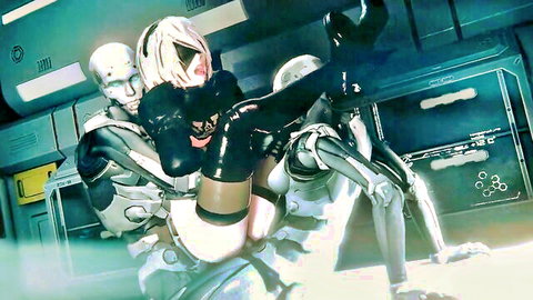 3D anime android beauty in latex suit double penetrated by machines