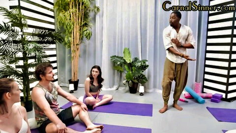 Yoga babe in interracial session with BBC instructor and students