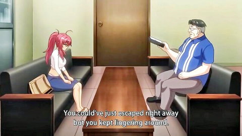Red-haired hentai schoolgirl in short skirt chats with old glasses man in tracksuit on couch