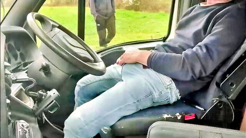 Ninosolo_35 teasing bulge in jeans from van driver's seat, gay solo