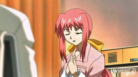 Anime step sister with pink hair in pink jacket smiling coyly, waking up for juicy blowjob