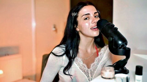 Skinny brunette with medium tits teases deepthroat blowjob on big black microphone ASMR solo