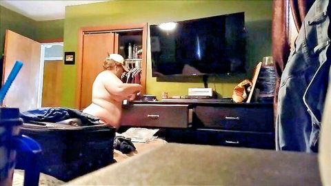 Christine Krug BBW nude in hat cleaning dresser solo amateur