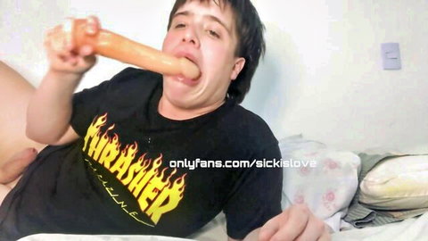 Twink deepthroating huge orange dildo in Thrasher shirt