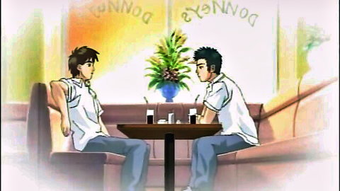Two handsome anime boys in white shirts, deep conversation at table