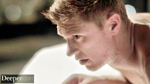 Intense close-up of shirtless Oliver in Deeper's Riley Steele payback scene