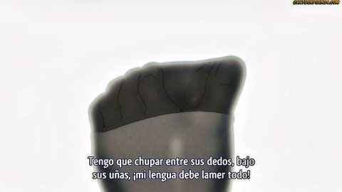 Hentai foot fetish thumbnail: close-up of toes with Spanish toe-licking text