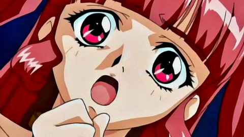 Surprised pink-haired anime girl with red eyes open mouth hentai thumbnail
