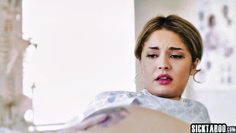 Vanessa Vega as sexy MILF in lesbian hospital encounter, surprised expression