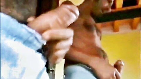 Amateur ebony man with big cock masturbating solo, muscular hairy body