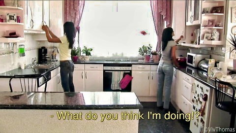 Black Angelika and Dorothy Black in jeans and tops in kitchen, Viv Thomas lesbian tease